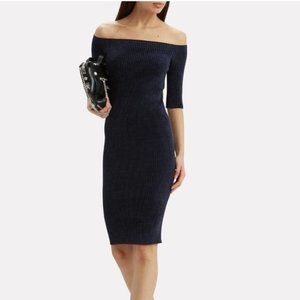 Helmut Lang Off the Shoulder Navy Italian Yarn Velveteen Dress XS